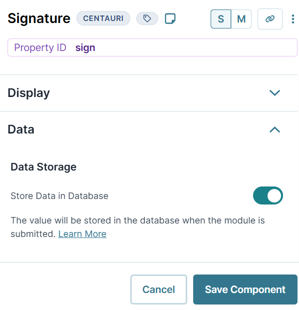 A static image displaying the Signature component's Data settings.